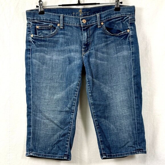 7 For All Mankind Jean Shorts Womens Sz 32 Low-Rise Straight Medium Wash Stretch - Picture 1 of 11